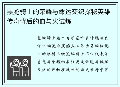 黑蛇骑士的荣耀与命运交织探秘英雄传奇背后的血与火试炼